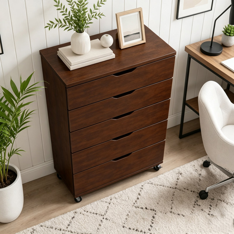 Commode mobile à 5 tiroirs avec roulettes, Marron foncé