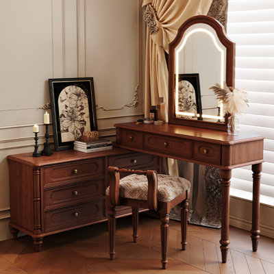 82.68"American-style brown chest of drawers with dressing table and mirror
