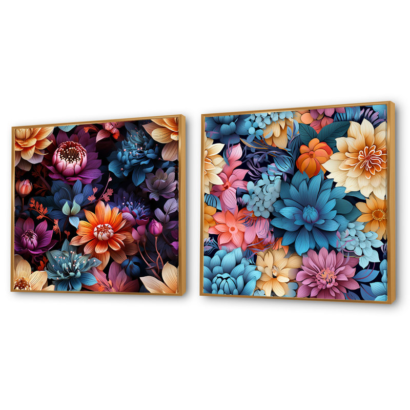 Harrelson - Ensemble de 2 collages carrés floraux, Cadre flottant doré, H 30 po x l 61 po