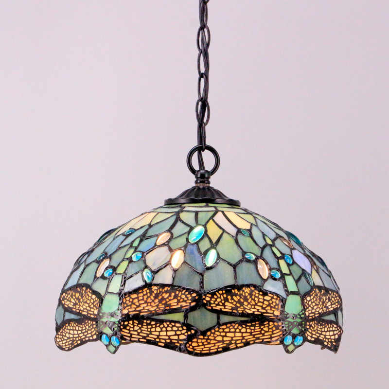Sea Blue Stained Glass Dragonfly Pendant Lamp with LED Bulb