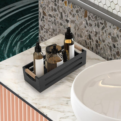 Paquet de 2: panier de dessus de réservoir de toilette, panier de salle de bain en bois, panier de rangement à l'arrière, porte-papier hygiénique noir Farmhouse