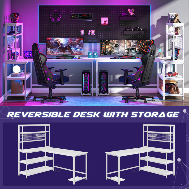 55'' White L-Shaped Corner Desk with Shelves and Wireless Charging