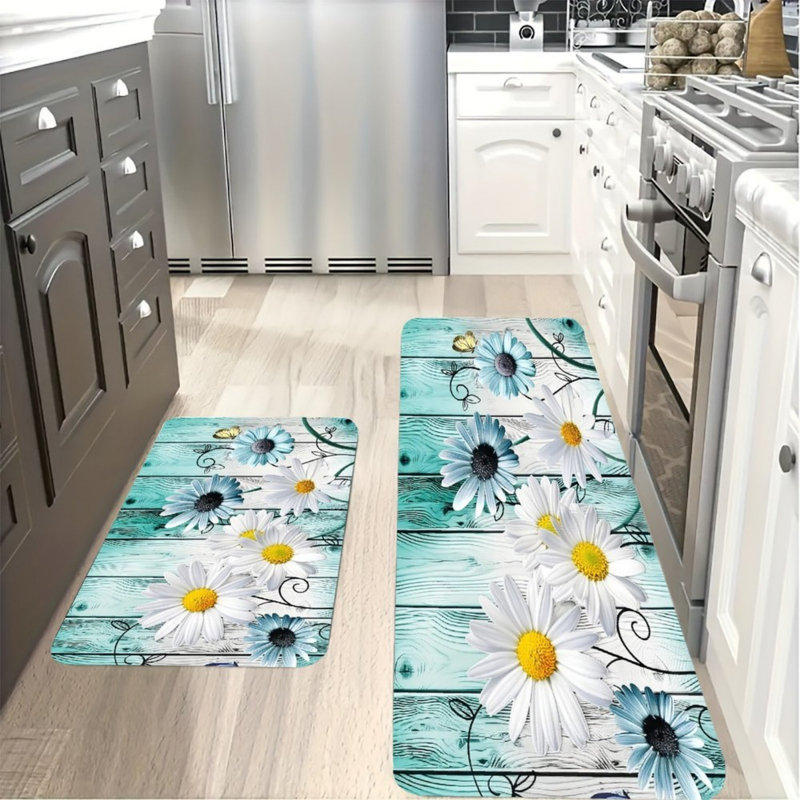 Teal Daisy Kitchen Mats, 2 Pack for Farmhouse Kitchen Decor