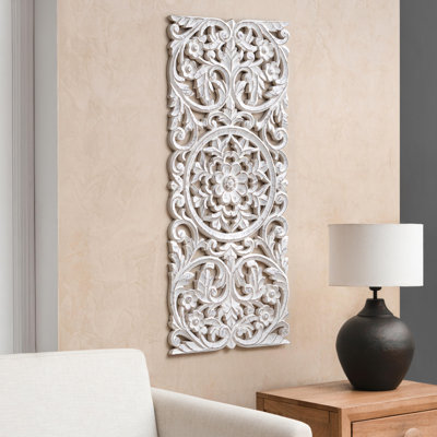 Carac 16x36" Rectangular Carved Distressed White Floral Medallion Wall Décor