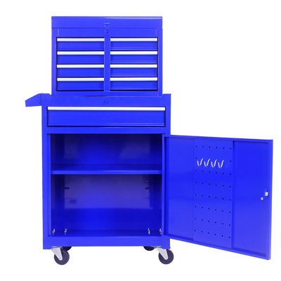 Coffre à outils métallique 5 pièces avec roulettes verrouillables et panneau de suspension - Armoire roulante bleue avec tablette réglable et trou de fixation