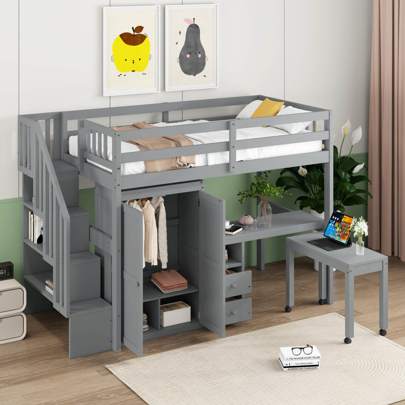 Twin Size Loft Bed With Stairs, Bookshelf, Drawers, Desk And Wardrobe, Space-Saving Multifunctional Furniture For Kids And Teens