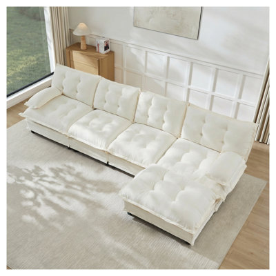 Canapé modulaire modulaire en forme de L de 138 po en forme de L avec repose-pieds 4 places, canapé profond en chenille avec coussin en treillis confortable décoré, chambre et appartement, beige