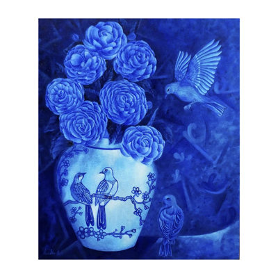 Bouquet de fleurs dans un vase avec des oiseaux | Huile sur toile | Par Anindita Dey