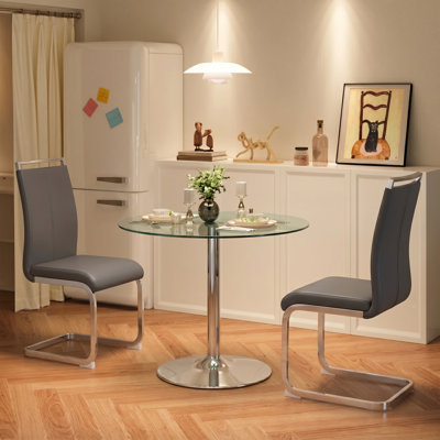 3-Piece Modern Round Tempered Glass Dining Set with Faux Leather Cantilever Chairs 