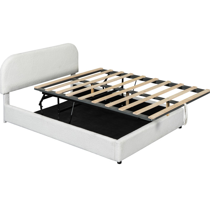 Lit double avec rangement hydraulique et plateforme en tissu molletonné blanc, Lit double