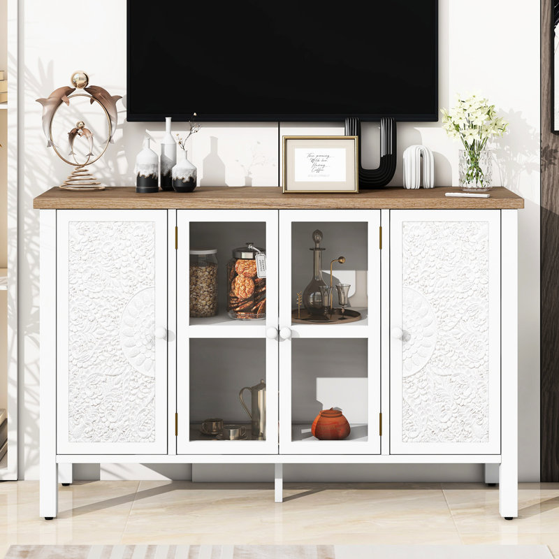Meuble télé 47,2 po American Retro, ajustement de 43 po, 3 armoires, portes d'armoire en verre, touche moderne classique pour téléviseur, structure stable, salon indispensable