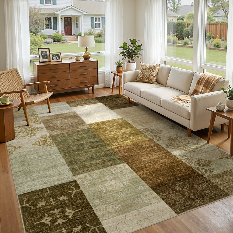 Faux Patchwork Abstract Geometric Area Rug – Washable Low-Pile Carpet for Living Room, Rectangle 8' x 10'