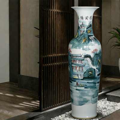 70,87 "Jingdezhen, magnifique paysage futuriste, grand vase à fleurs peint à la main
