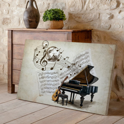 Canvas A Whimsical Artistic Composition Featuring A Grand Piano An Acoustic Wall Art Guitar And Scattered Musical Notes Set Against A Canvas Wall Art
