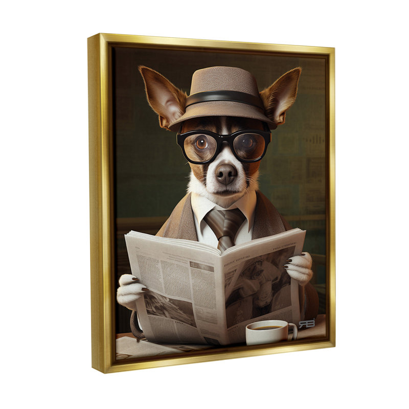 "Classy Dog With News journal" par RB sur toile, Cadre flottant métallique doré, H 31 po x l 25 po