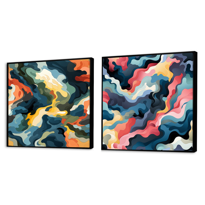 Coriena - Ensemble de 2 collages carrés abstraits, Cadre flottant noir, H 30 po x l 61 po
