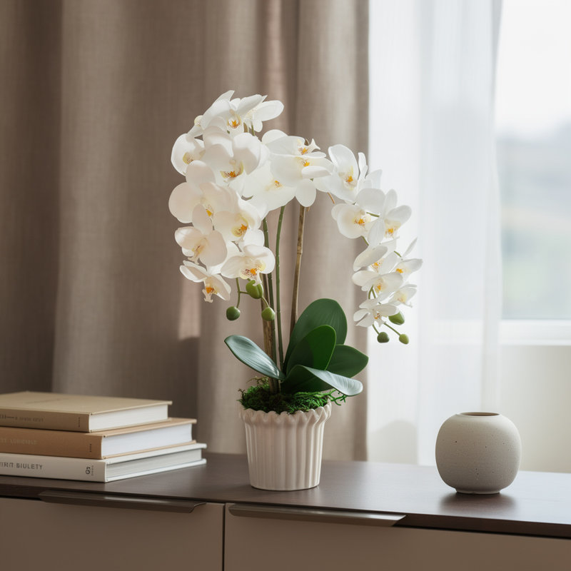 Arrangement d'orchidées dans un vase cannelé