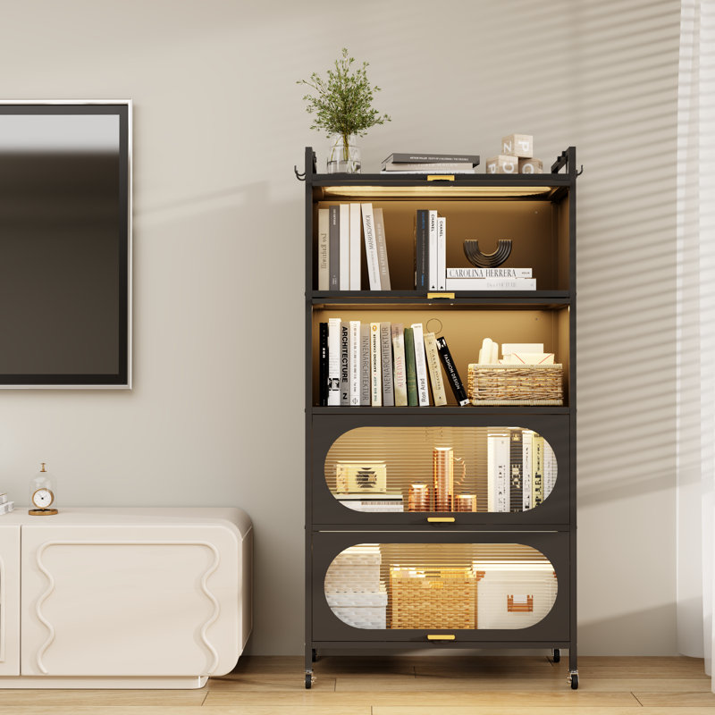  Armoire de cuisine à 5 niveaux avec 4 portes rabattables, support de boulanger de cuisine autoportant avec 4 roulettes, pour la salle à manger, le salon et la salle de bain, noir