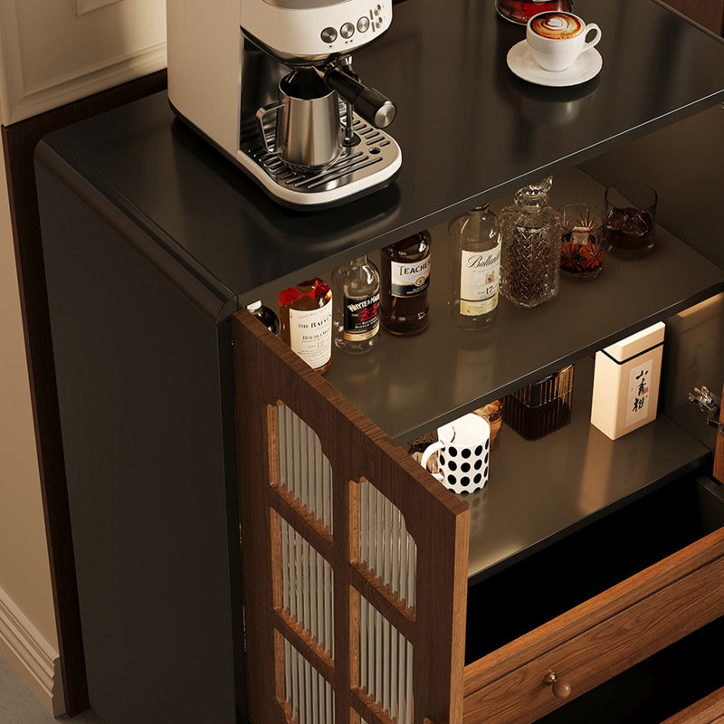 Nut-brown+Black Manufactured Wood+Glass Sideboard, 41.02" H x 28.82" W x 15.75" D