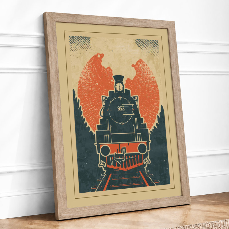Winged Locomotive Retro - Framed Print, A4 - 29.7 x 21.0 cm, Oak