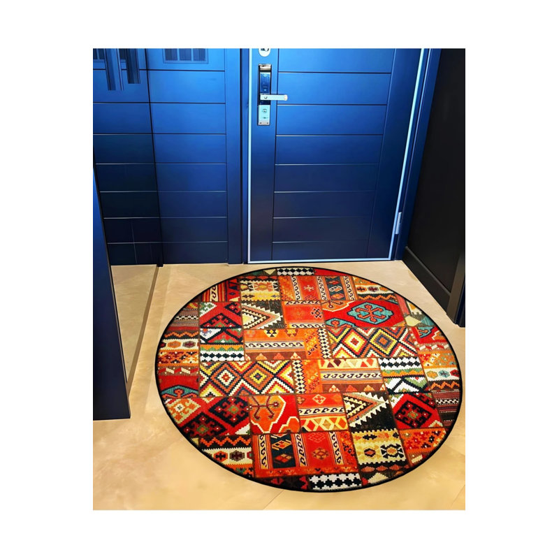 Multicolored Patchwork Ethnic Pattern Woven Base Modern Decorative Carpet, Round 4'