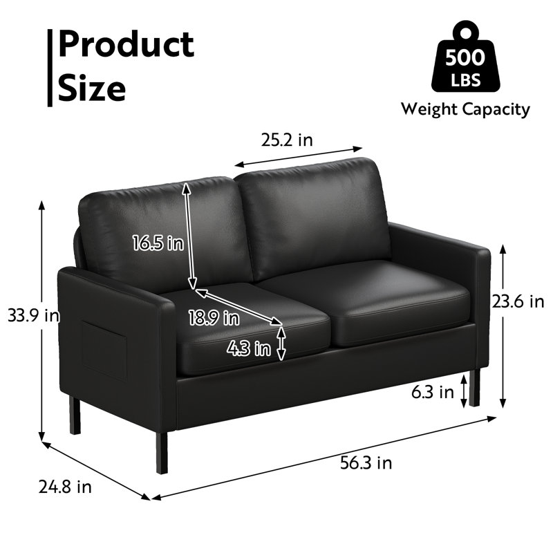 56" W Faux Leather Loveseat Sofa With USB Port, Black