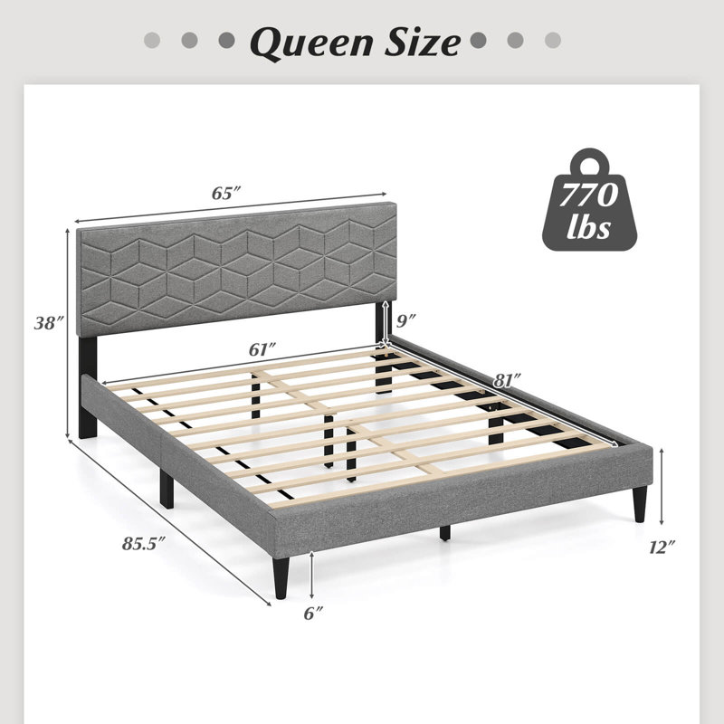 Queen Size Bed Frame with Linen Fabric Upholstered Headboard & Wooden Slat Support, Queen