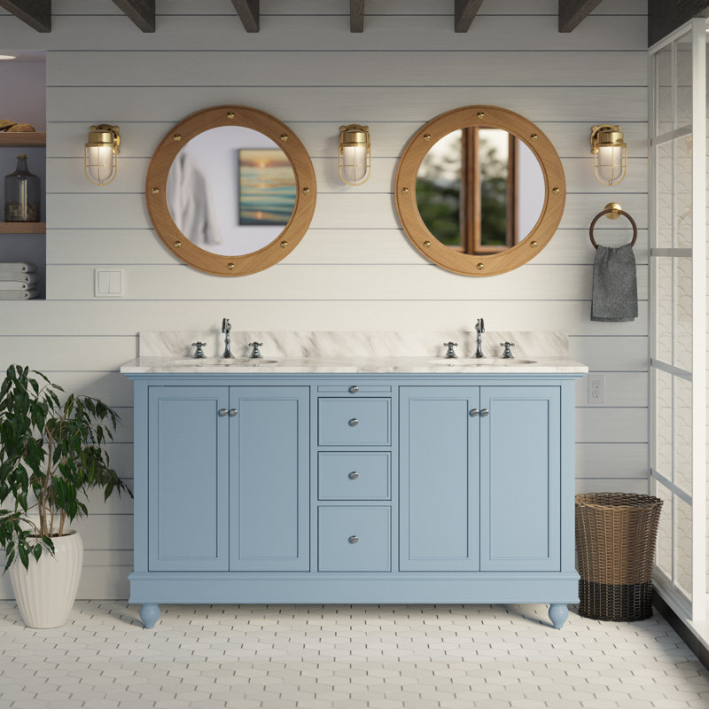 Ensemble de meuble-lavabo double 60 po Ferdinand, Marbre de Carrare, Bleu poudré