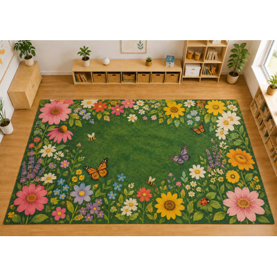 "Ultra Thin" 5' x 7' Wildflower Butterfly Area Rug, Soft Low Pile Indoor Rug with Non-Slip Silicone Backing for Bedroom and Nursery, Green