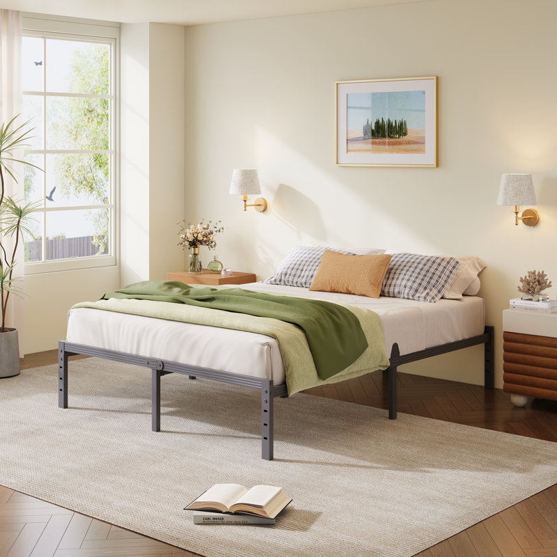 Heavy Duty 14 Inch Metal Bed Frame Queen Bed Frame with Headboard & Footboard Brackets and Steel Slats No Box Spring Needed Anti-Slip Design  