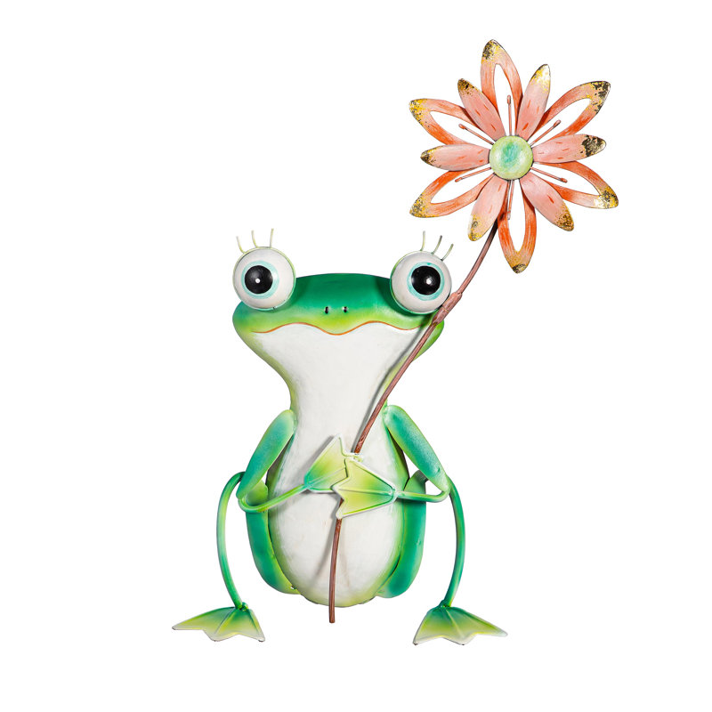 Statue grenouille en métal avec fleur colorée, H 15 po
