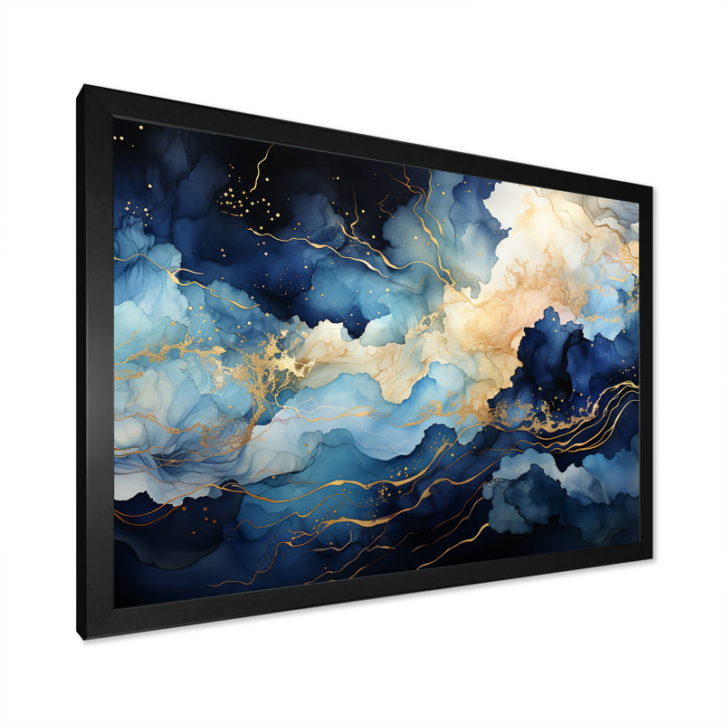 " Celestial Blue And White Sky Liquid Art ", Black Single Picture Framed, 16" H x 32" W x 1" D