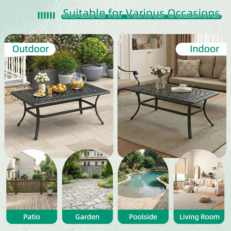  Cast Aluminum Outdoor Coffee Table, 41.98 X 23.98 Inch Rectangular Patio Conversation Table With Lattice Top, Rust-Resistant All-Weather Center Table For Deck, Backyard, Porch, Antique Bronze