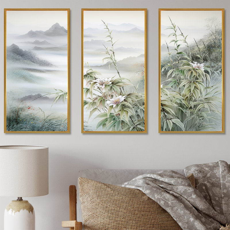 Ensemble de salon japonais en bambou au bord de la montagne I - Fleurs, Cadre flottant doré, H 32 po x l 48 po x P 1 po