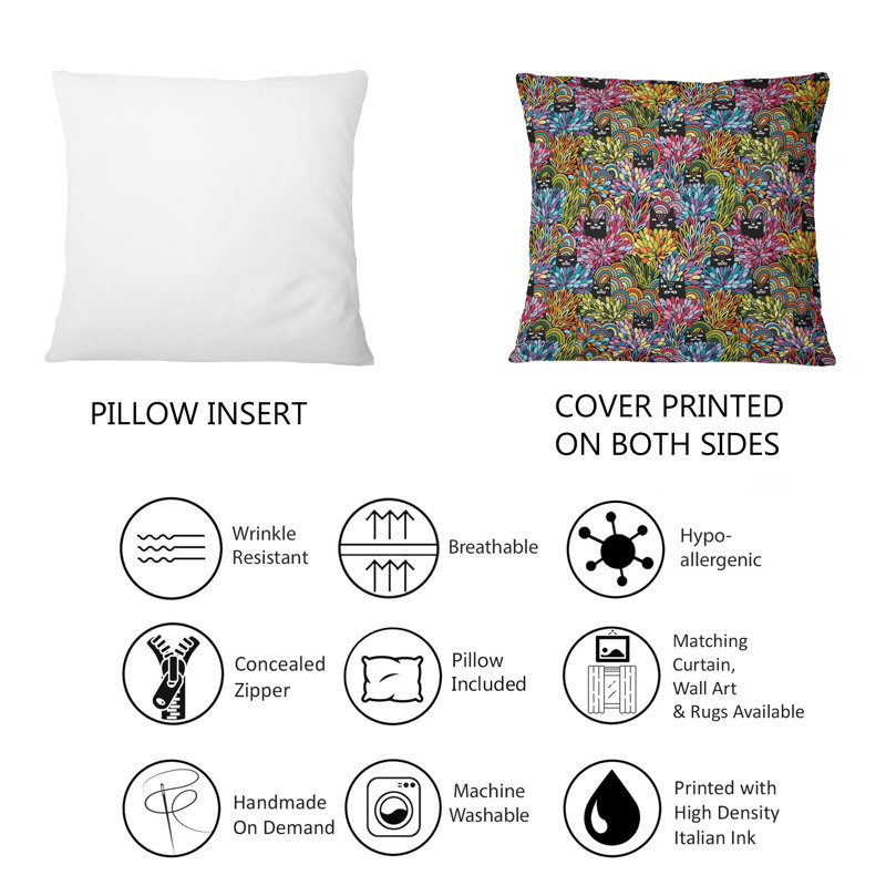 Coussin noir à motif de chats qui sortent des buissons