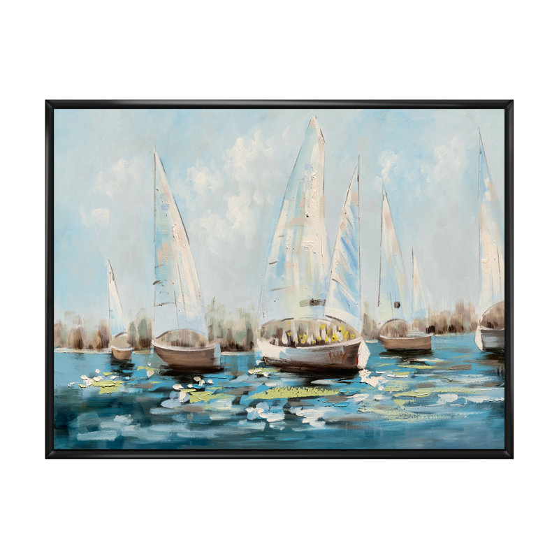 Voilier dans l'eau - reproduction sur toile, H 8 po x l 12 po x P 1 po, Cadre flottant noir
