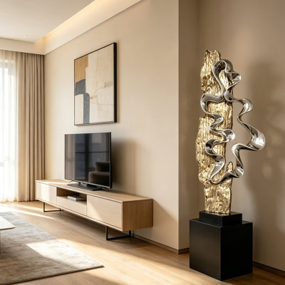 69,29 "H, sculpture de plancher abstraite et dorée de luxe, grand art décoratif pour les salons, les entrées et les espaces de meubles télé