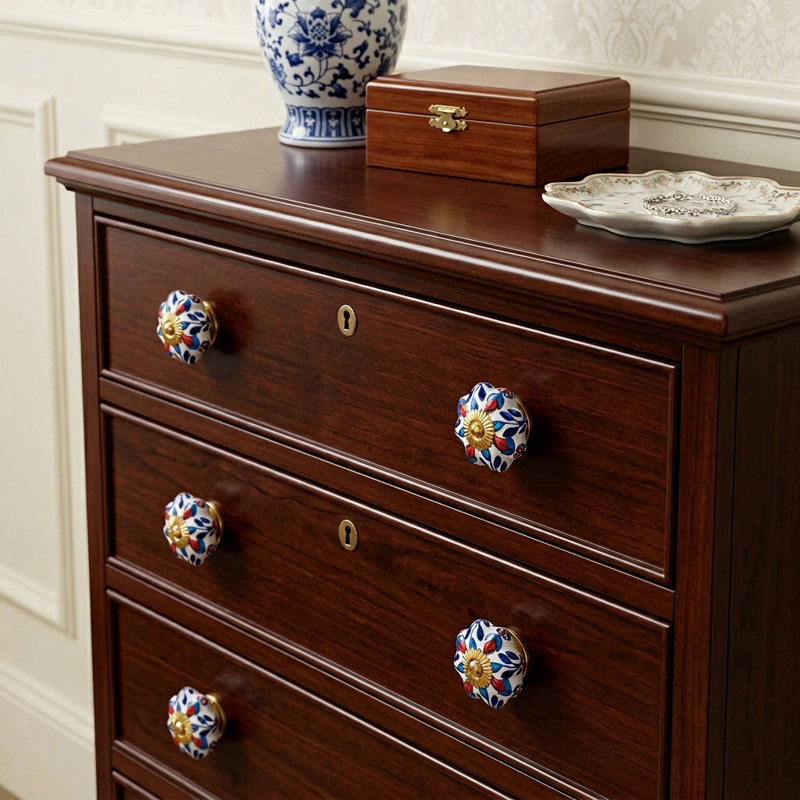 Set of Six Red White And Blue Floral Ceramic Drawer Pull Knobs