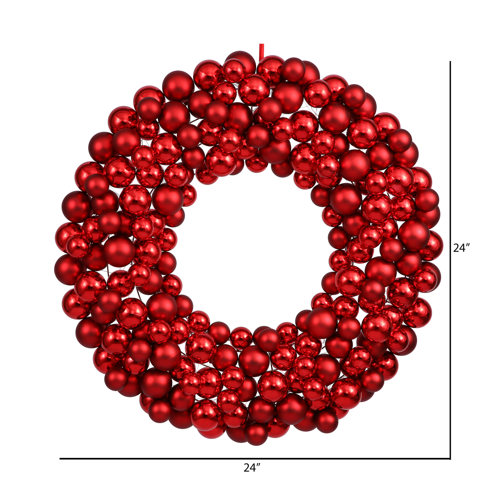 Shiny and Matte Ball Wreath, 24" W x 24" H x 3" D, Red
