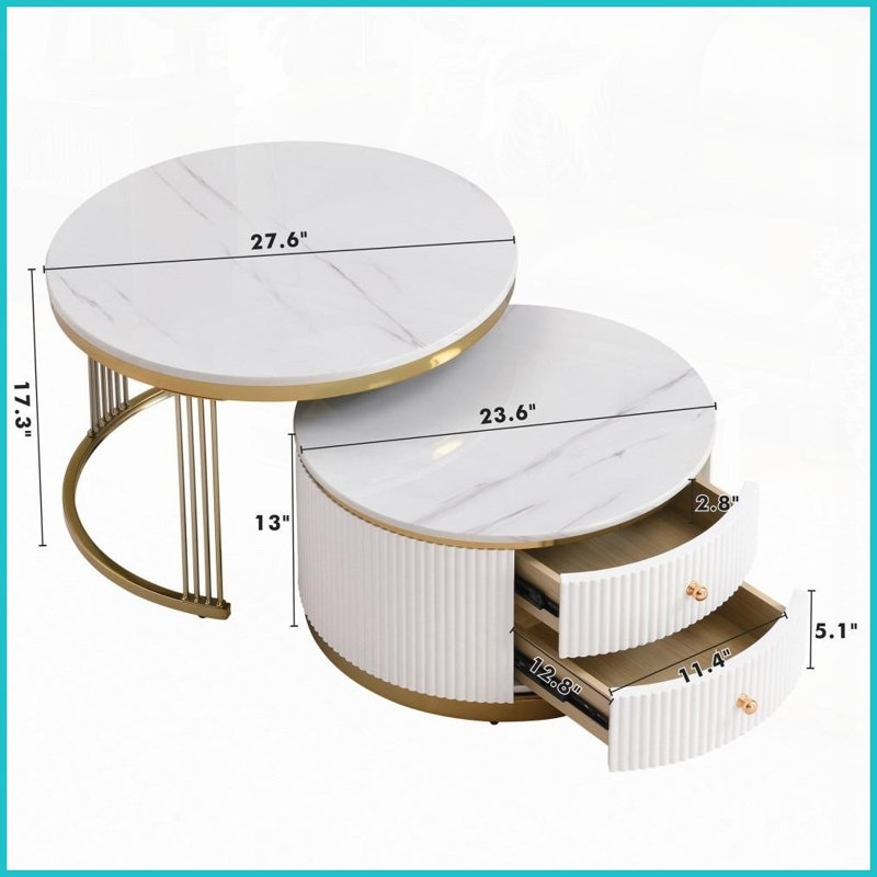 Modern 2-Piece Nesting Coffee Table with Storage Drawers, Space-Saving Gold Accent for Living Room