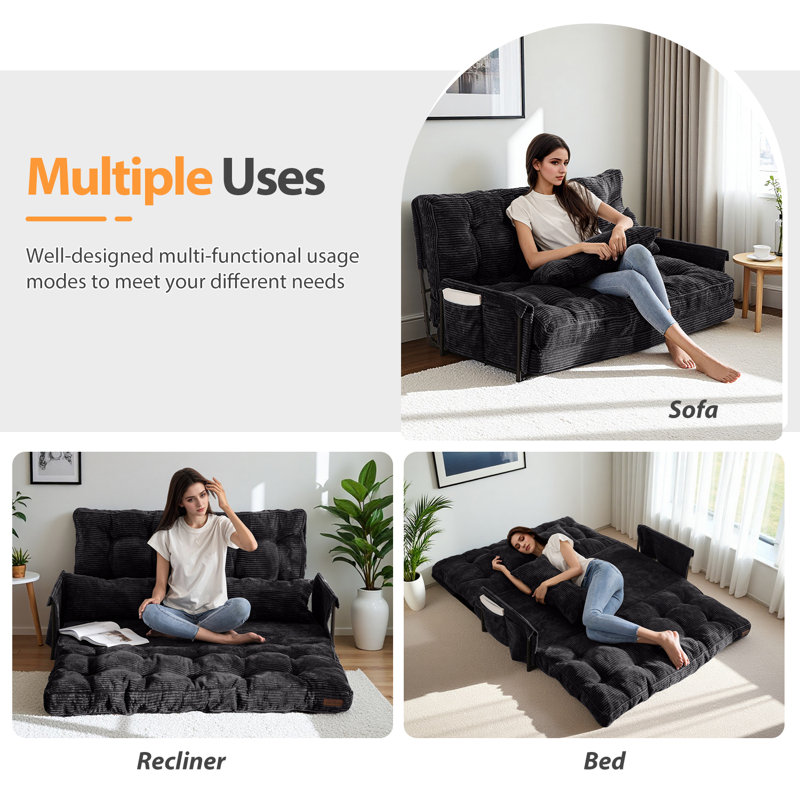 Canapé Bean Bag, Velours côtelé noir, H 25,6 po x l 54 po x P 25,6 po