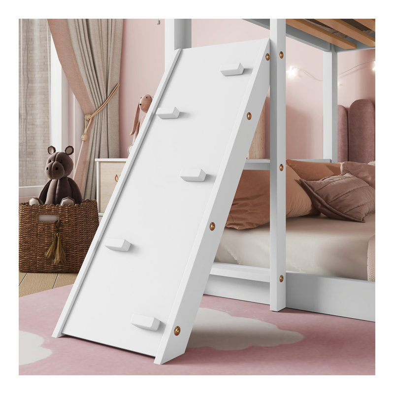 Lit superposé simple au-dessus d'un lit simple, lit superposé au sol avec rampe d'escalade, échelle, garde-corps de sécurité, blanc