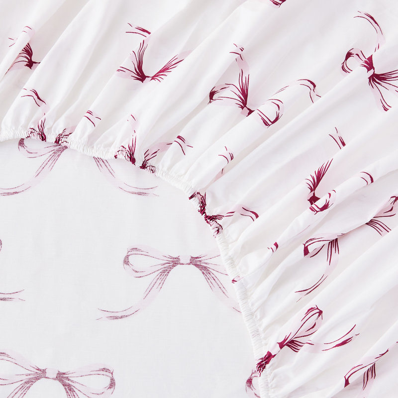 Bows Printed Cotton Percale Sheet Set, Pink, Full Sheet Set with 2 Pillowcases