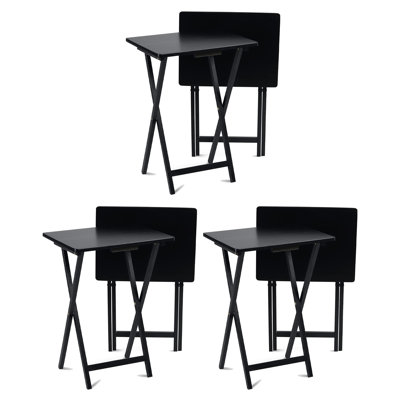 Folding TV Tray, Portable Wooden Table Set with Storage, Black, 6 Piece