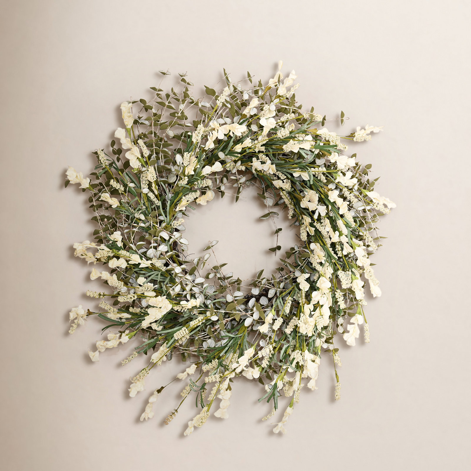 26" Spring Summer Mini Eucalyptus Front Door Wreath, Cream