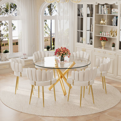 Elegant Round Glass Dining Table Set With Flower Velvet Chairs