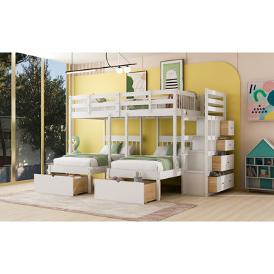 Triple Bunk Bed With Storage Solid Wood Modern Multi-child Bedroom Solution