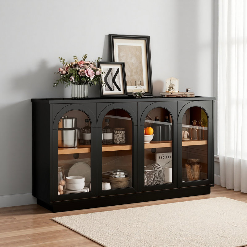 Grande armoire de rangement à 4 portes avec portes en verre, armoire arquée avec tablettes réglables pour la cuisine, Noir