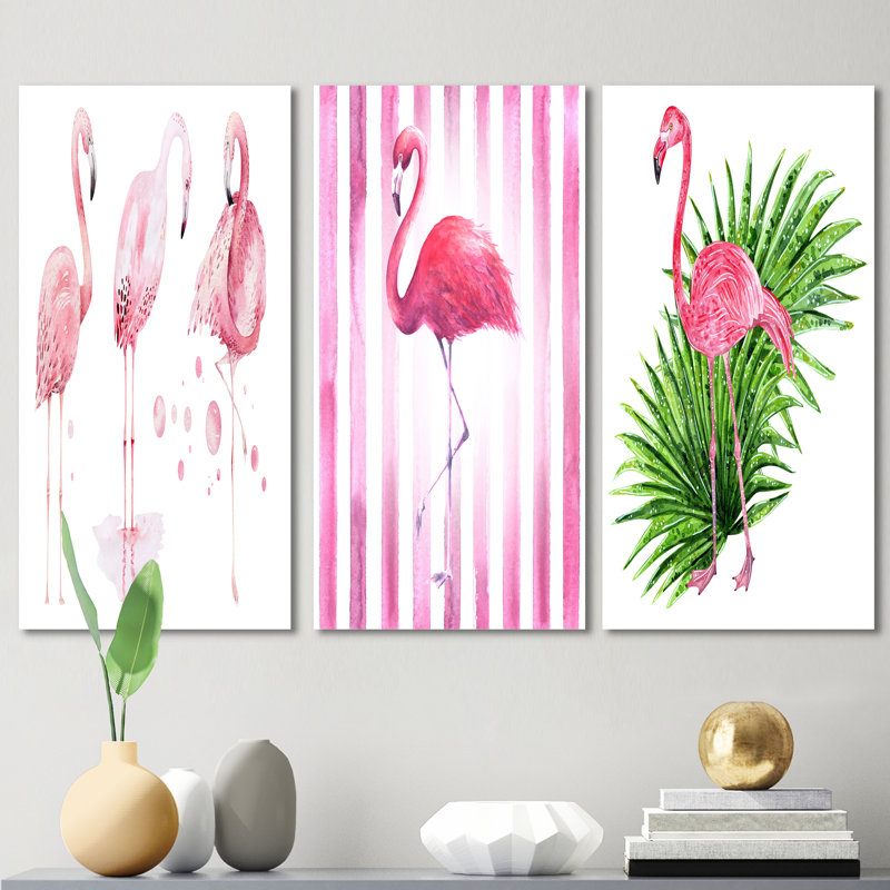 Flamants roses sur fond blanc - ensemble d'art traditionnel de 3 pièces, H 32 po x l 48 po x P 1 po