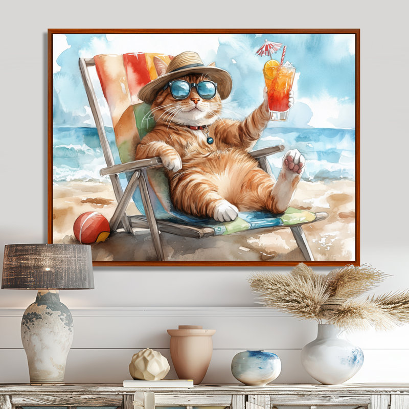 Chat sur la plage, salon II - art mural animal côtier, salon, Toile avec cadre flottant brun, H 30 po x l 40 po x P 1,5 po